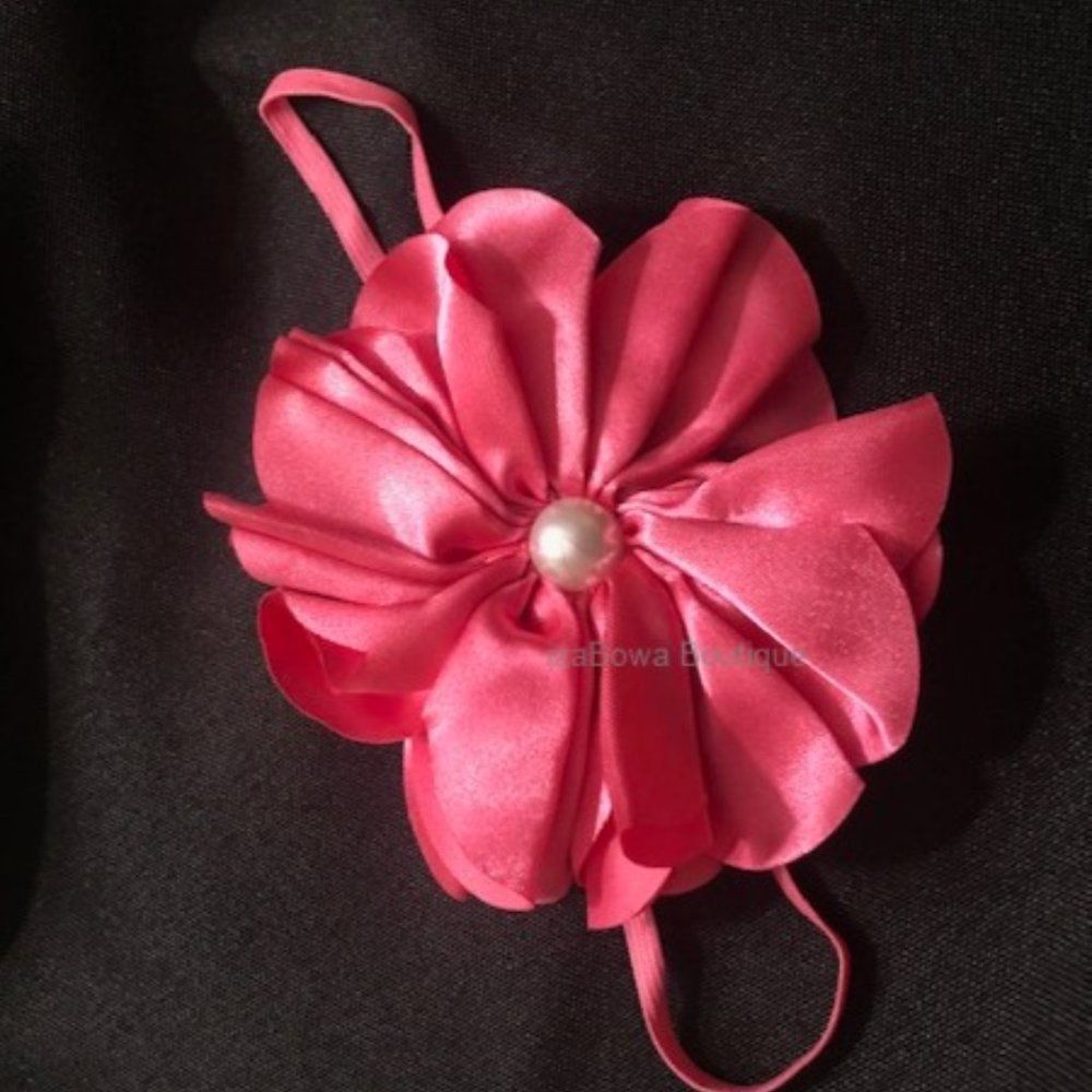 Hot Pink Satin Flower w/ Pearl Center Headband HANDCRAFTER NWT boutique SPHB3